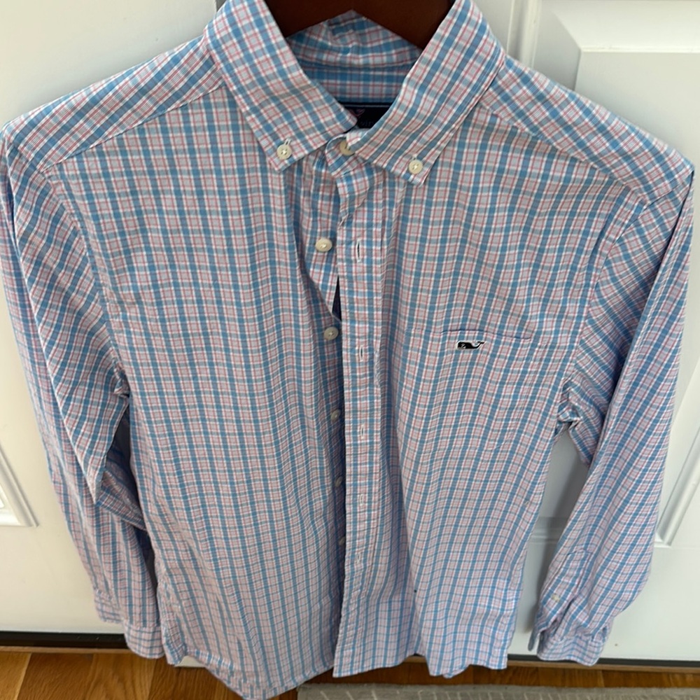 Vineyard Vines Men's Pink and Blue Plaid Shirt